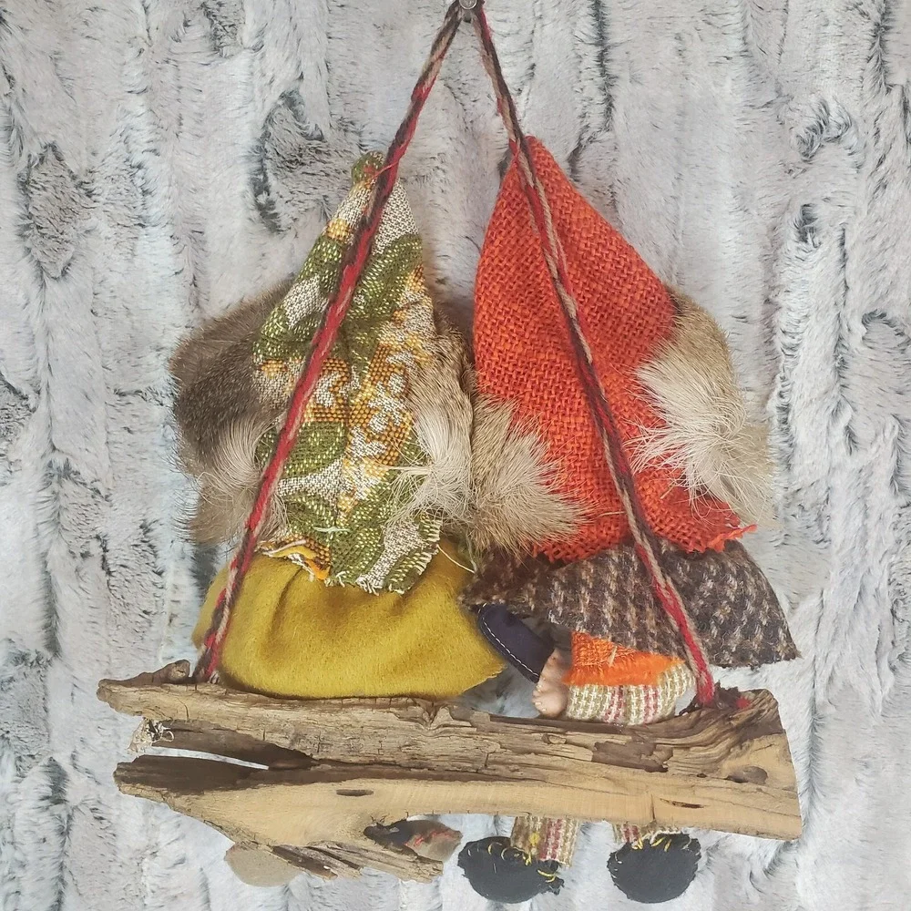 Kitschy‎ Folk Art Two Bearded Men On A Branch Log Natural Materials Wall Hanging